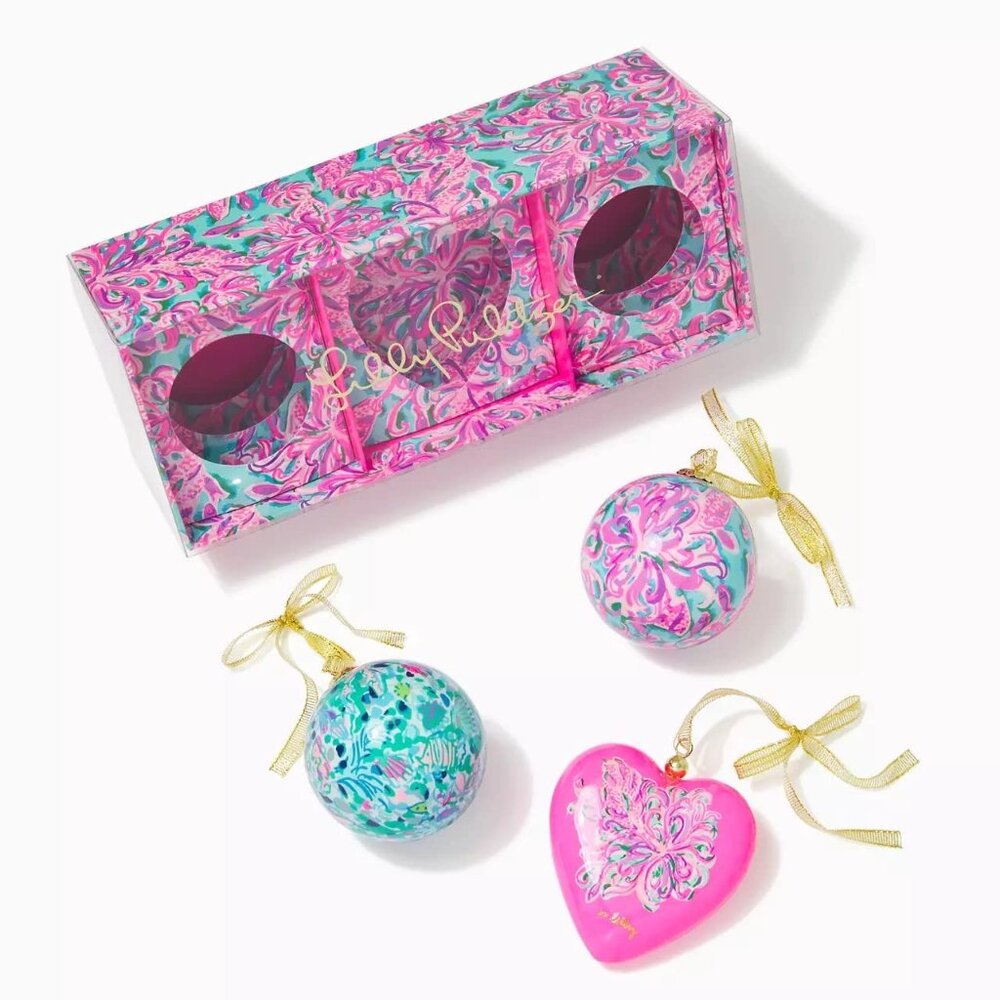 NIB Lilly Pulitzer Heart to Heart Ornaments Set of 3 #011512 Pink Grenadine